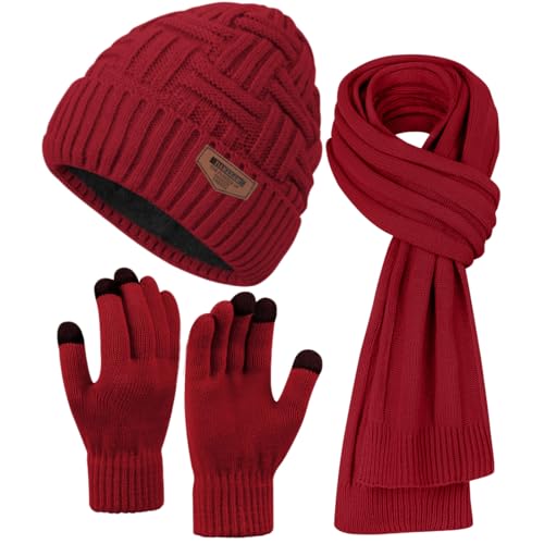 Winter Scarf for Men, 3 PCS Fleece Beanie Hat and Gloves Set - color: Wine Red Hat Scarf Gloves Set