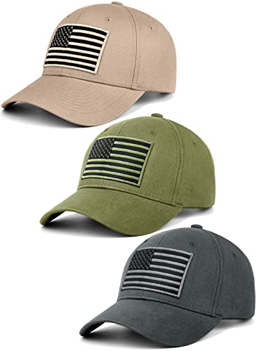 KIRAAT 3 Pack American Flag Baseball Cap Unisex,Low Profile USA Plain Dad Hat for Men＆Women - color: Grey＆khaki＆green