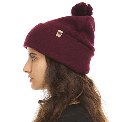 100% Merino Wool - Midweight Cuff Pom Beanie - Winter Pom Pom Hat - color: Burgundy