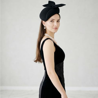 Women Wool Derby Hat for Women Pillbox Hat Wedding Hats Felt Bowknot Fascinators - color: 407 Black