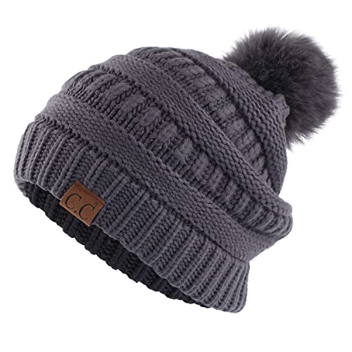 C.C Hatsandscarf Exclusives Unisex Solid Ribbed Beanie with Pom (HAT-43) - color: A-dk. Grey