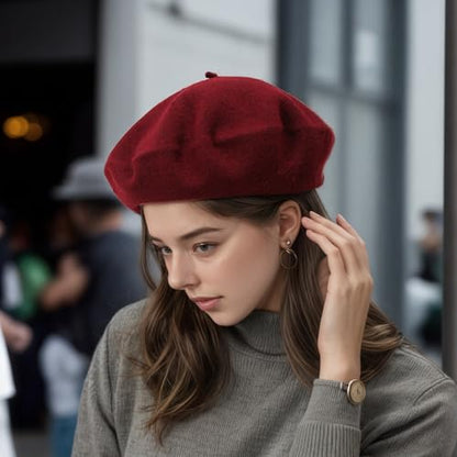 Women's Wool Beret: 70% Wool French Hat for Daily, Lightweight & Chic Berets for Women - color: Wine Red