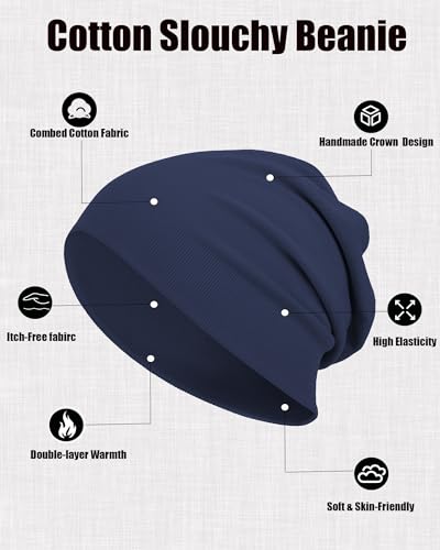 vidsel Slouchy Beanie Hats for Women & Men Cotton Knit Cuffed Skull Cap - color: 1-navy Blue