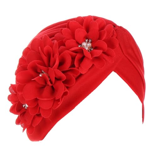 Flower Pre-Tied Turban Beanie, Soft Chemo Cap for Women Cancer Hair Loss - color: Red
