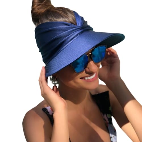 Sun Hat Women Beach Visor Cap UV Protection with Wide Brim Packable Summer Sport Ponytail Sun Cap - color: Blue