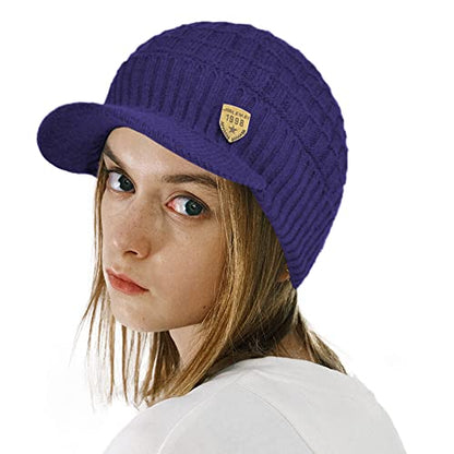 Women's Soft Knitting Visor Beanie Winter Hat with Brim Fleece Lining Baseball Cap - color: Blue