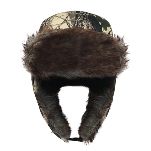 Mens Winter Camo Trapper Hat with Ear Flaps Faux Fur Lined Trooper Ushanka Hats Windproof Warm Russian Hunting Ski Cap - color: Green Camo