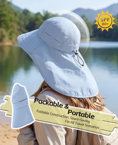 Home Prefer UPF 80+ Sun Hat for Men Women Wide Brim Sun Hat with Neck Flap Summer Beach UV Protection Gardening Fishing Hat - color: Soft Blue