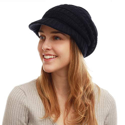 The Hat Depot - Visor Beanie Unisex Winter Knit Skull Beanie with Brim Hat - color: 1. Black