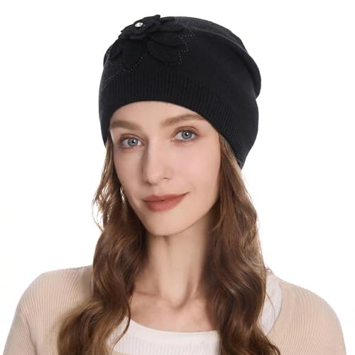 ZLYC Women Floral Slouchy Beanie Hat Double Layer Winter Knit Skull Cap - color: Flower Black