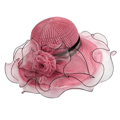 Floral Church Wide Brim Sun Hat, Breathable Derby Tea Party Hat - color: Red