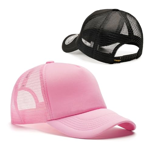2-Pack Classic Foam Trucker Hat Summer Mesh Hat Lightweight Adjustable Back Buckle Strap - color: Black/Pink