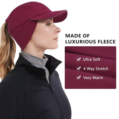 GADIEMKENSD Women's Winter Reflective Fleece Ponytail Hat with Drop Down Ear Warmer - color: Wine Red, size: 7 1/8-7 5/8