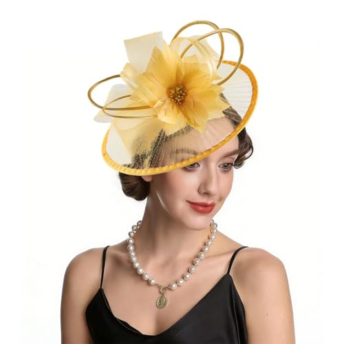 SAFERIN Elegant Women's Fascinator Hat with Veil and Feather Hair Clip Headpiece for Weddings Tea Party - color: St59-ginger Yellow