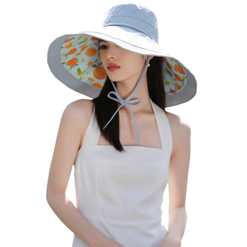 6" Extra Wide Brim Sun Hats UPF 50+ UV Protection Packable Beach Hat Strap Women - color: R-blue