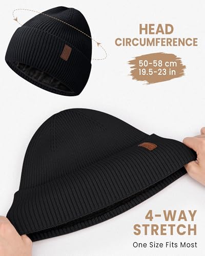 Fleece Lined Winter Beanie for Men Women Warm Windproof Beanies Hats Thick Knit Winter Hat for Cold Weather - color: Black