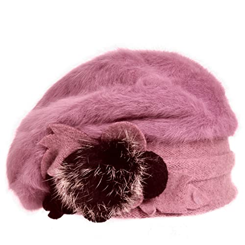 VECRY Women's 100% Wool Bucket Hat Felt Cloche Beret Dress Winter Beanie Hats - color: Angola Pink