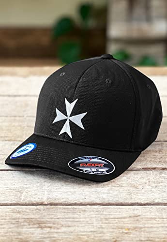 Knights Templar Maltese Cross Masonic Flexfit Adult Cool & Dry Sport Hat - color: Black, size: Large-X-Large