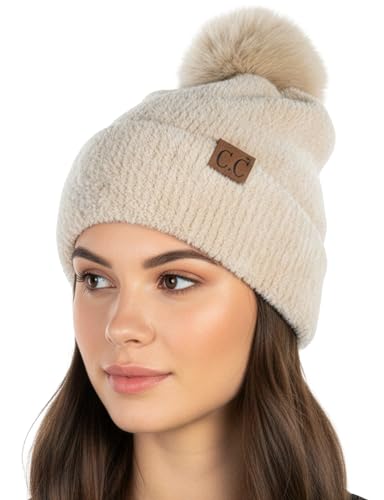Funky Junque Beanie for Women Ultra Soft Chenille Faux Fur Pom Pom Winter Hats Warm Ski Cap Fashion - color: Beige