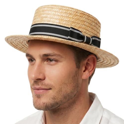Classic Straw Boater Hat for Men and Women,Vintage Skimmer Flat Top Hat - color: Black White Ribbon