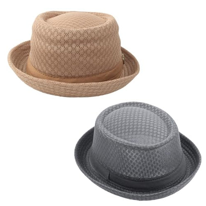Summer Mesh Pork Pie Hat,Men Women Straw Fedora Cap,Lightweight Bowler Cap - color: Khaki+grey