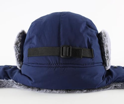 Home Prefer Men's Trapper Hat with Face Mask Faux Fur Trooper Trapper Hat for Men Winter Hunting Hat - color: Navy Blue
