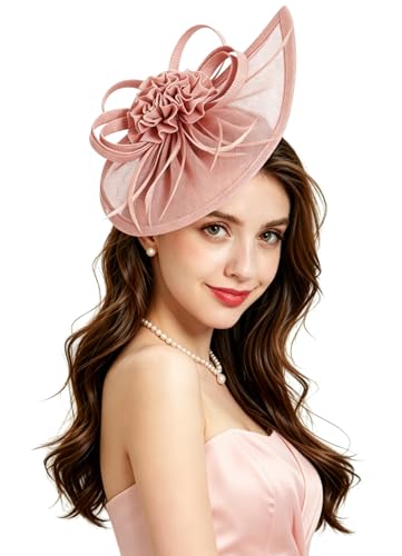 Z&X Sinamay Fascinator Hat Floral Feather Pillbox Derby Hats for Women Wedding Tea Party with Headband Clip - color: 008a Nude Pink
