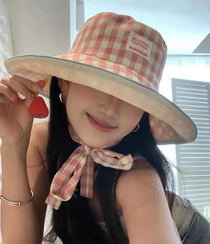 Sun Hats for Women Reversible Plaid Sun Cap Bucket Hat Wide Brim UV Protection Beach Hats 2025 Summer Travel Cap Fishing Hat - color: Red
