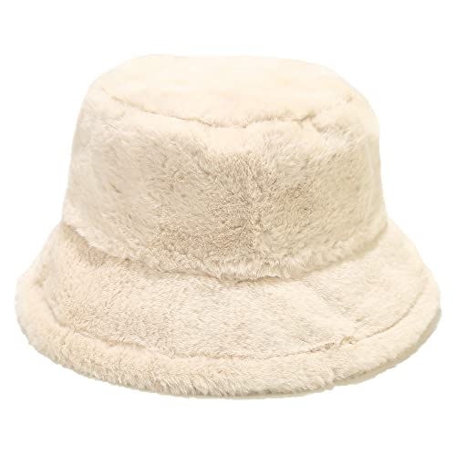 Umeepar Winter Faux Fur Fuzzy Bucket Hat Fluffy Warm Hat for Women Men - color: Plain Beige