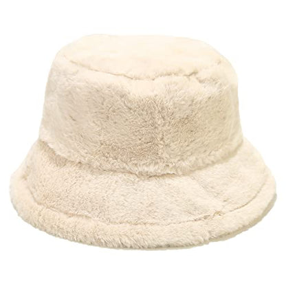 Umeepar Winter Faux Fur Fuzzy Bucket Hat Fluffy Warm Hat for Women Men - color: Plain Beige