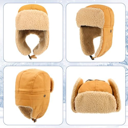 JaGely 4 Pcs Pilot Hat and Goggles Flight Costume Accessories Pilot Helmet Cap with Ear Flaps Hat Adults Winter - color: Blue and Wheat, style: Classic