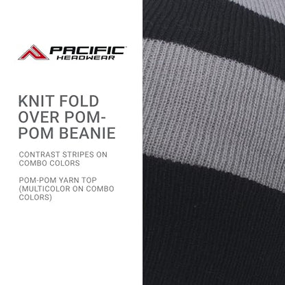 Pacific Headwear Unisex Adult Pacific Headwear Knit Fold Over Pom-pom Beanie - color: Black/Silver/Black, size: One Size