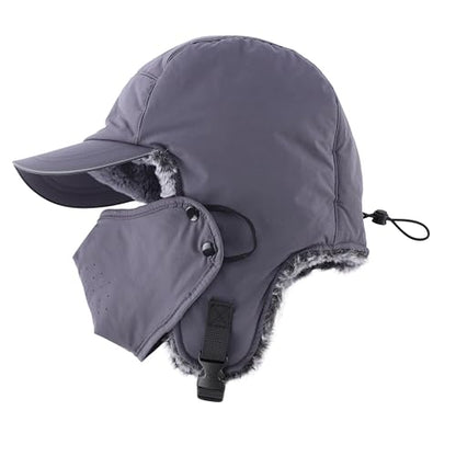 Home Prefer Waterproof Mens Faux Fur Trooper Trapper Hat Hunting Warm Winter Hat with Ear Flaps Visor Face Mask - color: Dark Grey