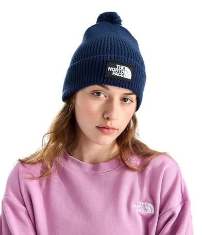 THE NORTH FACE TNF Logo Box Pom Beanie | Classic Fit, Cuffed Winter Hat for Men & Women, Soft Rib Knit Fabric & Woven Logo - color: Tnf Navy