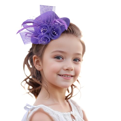 Zinniday Girls Mini Fascinators Hats - Purple Top Kentucky Hat with Hair Clip Veil 2026 Feather Derby Cap Small Church Victoria Fascinator for Little Girl Tea Party Renaissance Masquerade Dress Up - color: Purple