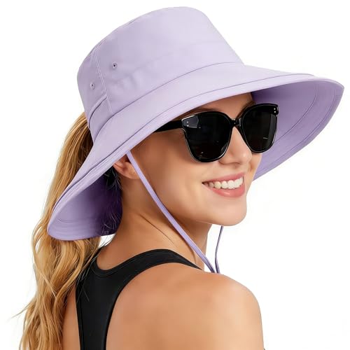 Rosoz Women Sun Hat with Ponytail Hole Wide Brim Bucket Hats UPF 50+ Beach Hiking Gardening Hat Water-Resistant Outdoot Hat - color: Purple