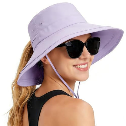 Rosoz Women Sun Hat with Ponytail Hole Wide Brim Bucket Hats UPF 50+ Beach Hiking Gardening Hat Water-Resistant Outdoot Hat - color: Purple