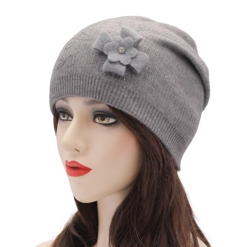 ZLYC Women Floral Slouchy Beanie Hat Double Layer Winter Knit Skull Cap - color: Floral Gray
