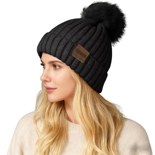 ZOORON Womens Winter Knitted Beanie Hat with Faux Fur Pom Beanie Warm Knit Skull Cap Beanie for Women - color: 1black