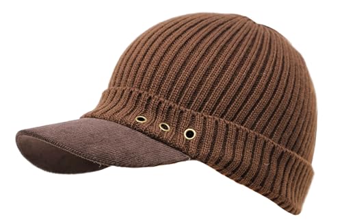 Stretch Knit Brim Beanie Hat for Men & Women – Warm Winter Cap with Visor, Soft Ribbed Cotton Acrylic Blend - color: Brown