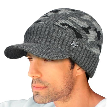 Dahlia Men's Beanie with Visor - Wool, Winter Hat w/Brim, Fleece Lined - color: Camo Gray