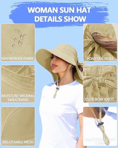 Womens Sun Hat Outdoor UV Protection Wide Brim Fishing Hat with Ponytail Hole Neck Flap for Beach Hiking Camping - color: Light Khaki