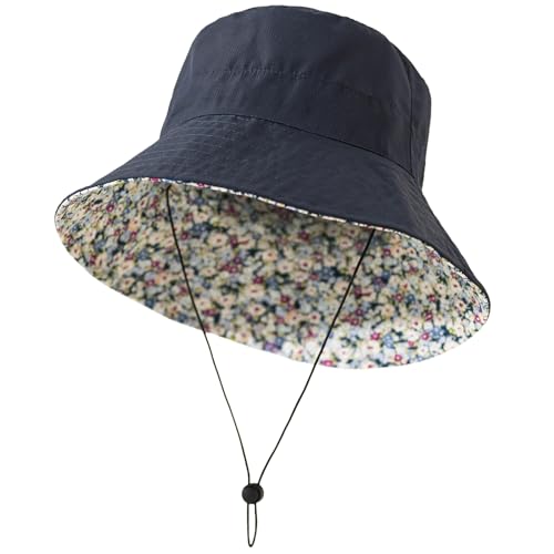 Lightweight Soft Women's Sun Hat, Floral Print UPF50+ UV Protection Bucket Hat, Foldable Portable, for Beach Vacation - color: Navy