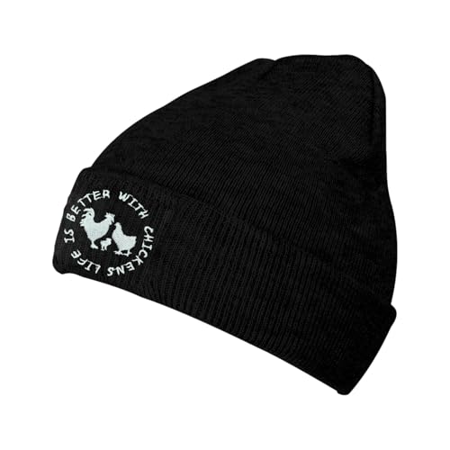 Black Beanie Hat for Men Women Embroidered Knit Winter Beanies Cap - color: Chicken