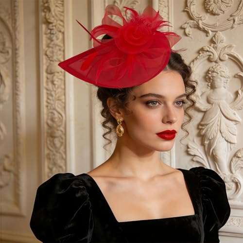 Women Vintage Fascinator Hat Flower Feather Mesh Headband Clip Pillbox Headwear for Wedding Tea Party - color: 02 Red