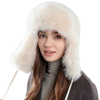 Women Winter Trapper Hat Ushanka Warm Sherpa Beanie Knit Ear Flap - color: Knitting Beige