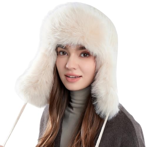 Women Winter Trapper Hat Ushanka Warm Sherpa Beanie Knit Ear Flap - color: Knitting Beige