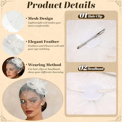 Fascinators Hats for Women Tea Party Hat Floral Feathers Mesh Headwear Lace Headband Veil Hair Clip Cocktail Wedding Church - color: White