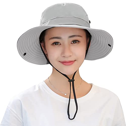 Muryobao Women's Ponytail Sun Hat UV Protection Foldable Mesh Wide Brim Beach Fishing Hat - color: Pure Light Grey