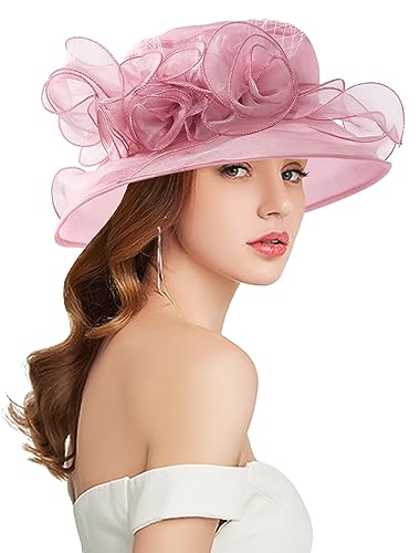 Women Derby Fascinator Hat Organza Church Wedding Hats Wide Brim Cocktail Tea Party Hat - color: 12 Pink